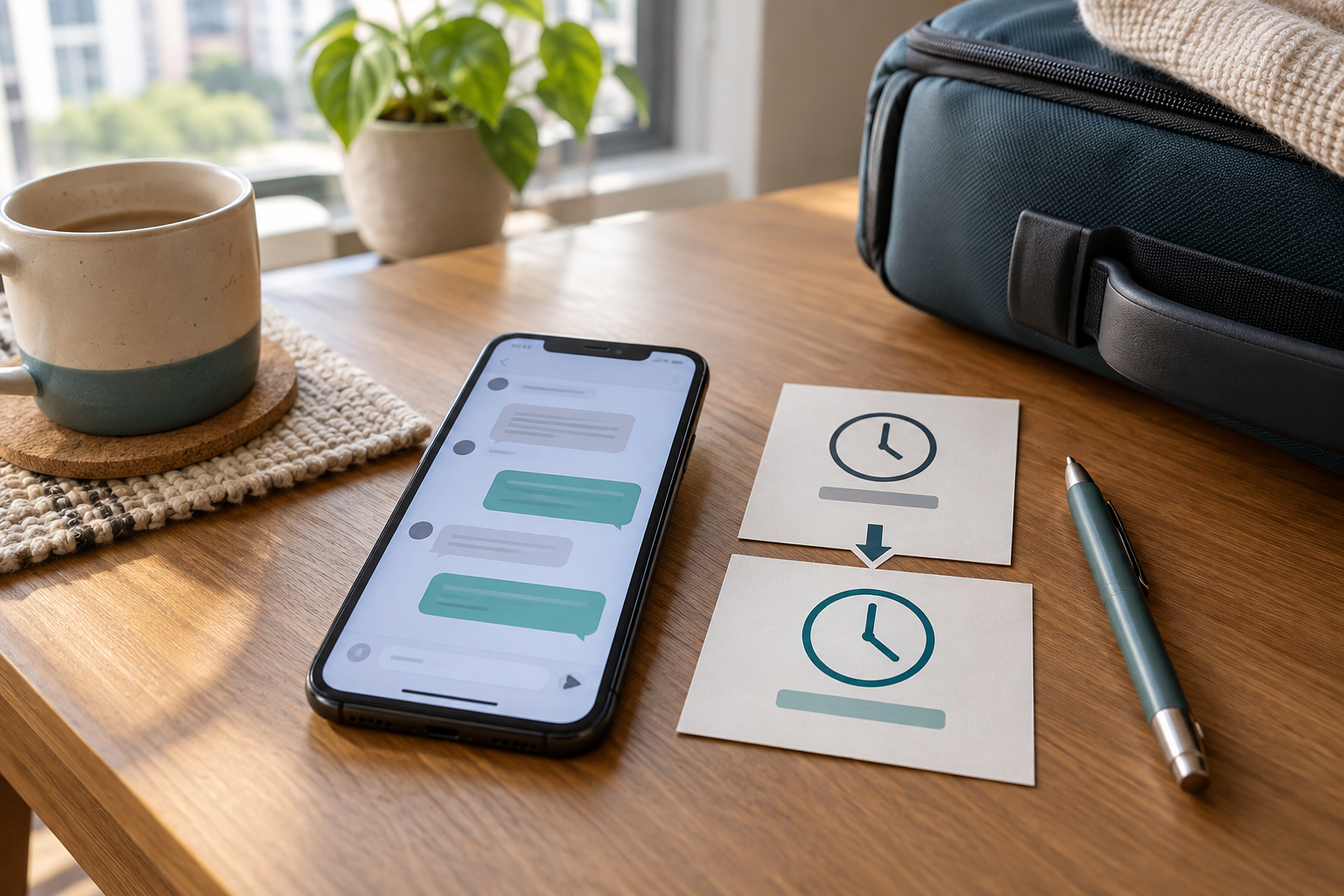 AI planning illustration: message phone, schedule cards and travel bag / AI 示意：手机、时间卡片与旅行包