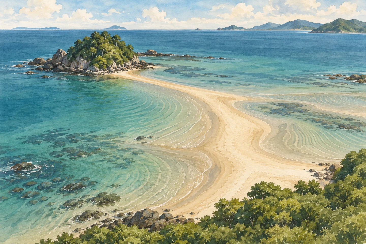 AI watercolour concept of a tombolo connecting an islet to a coast; not an actual Pulau Mawar view, map or crossing route