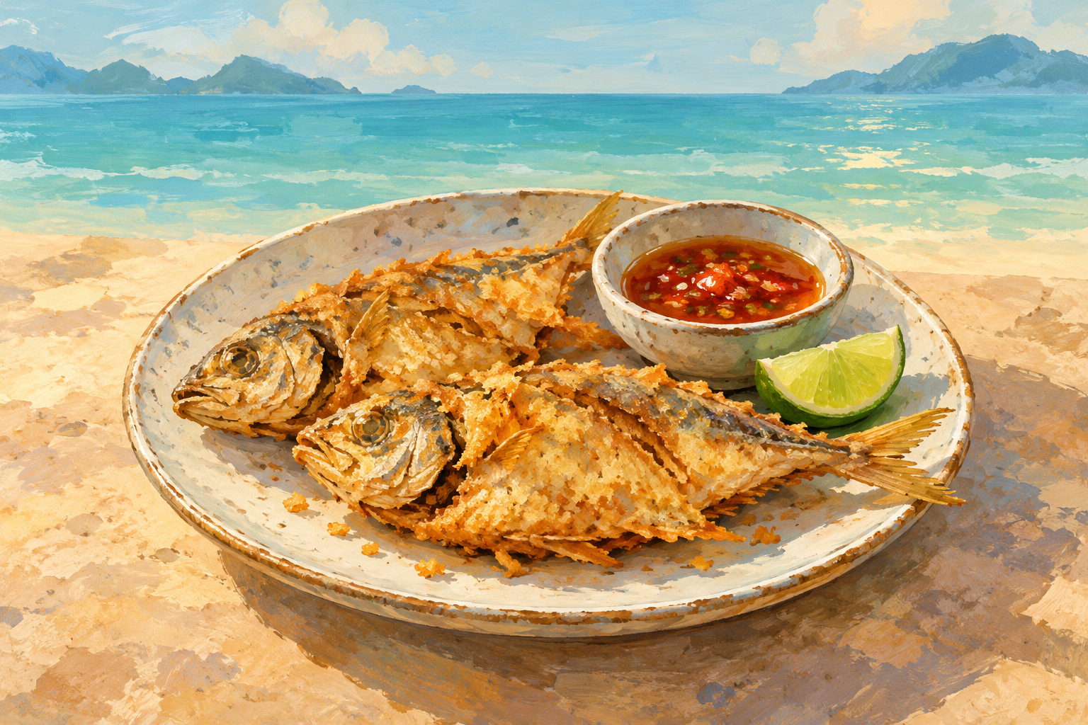 AI gouache illustration of battered fish and dipping sauce beside an imagined sea; not a Penyabong photograph/AI水粉炸鱼与想象海景,并非Penyabong实拍
