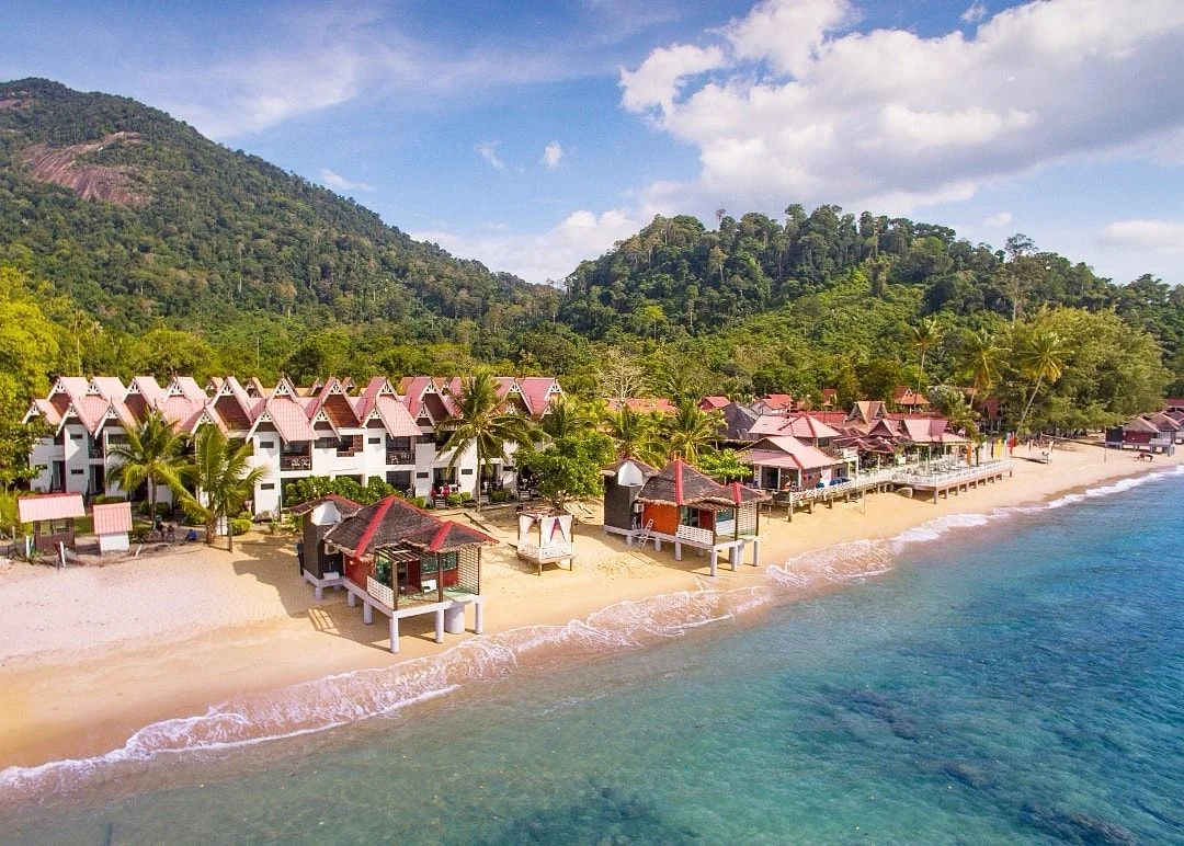 Tioman Island beach resort coastline for ferry trips from Mersing Jetty